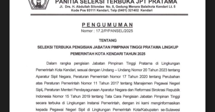 Pemkot Kendari Buka Seleksi Enam Pengisian JPT Pratama