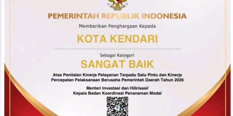 Pemkot Kendari Raih Predikat Sangat Baik Penilaian Kinerja Pelayanan Perizinan dan Investasi 2026