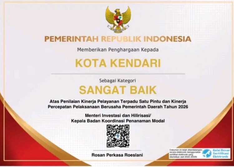 Pemkot Kendari Raih Predikat Sangat Baik Penilaian Kinerja Pelayanan Perizinan dan Investasi 2026